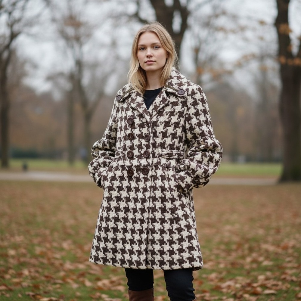Pink Martini Houndstooth Hooded Double Breasted Coat Brown Cream Small